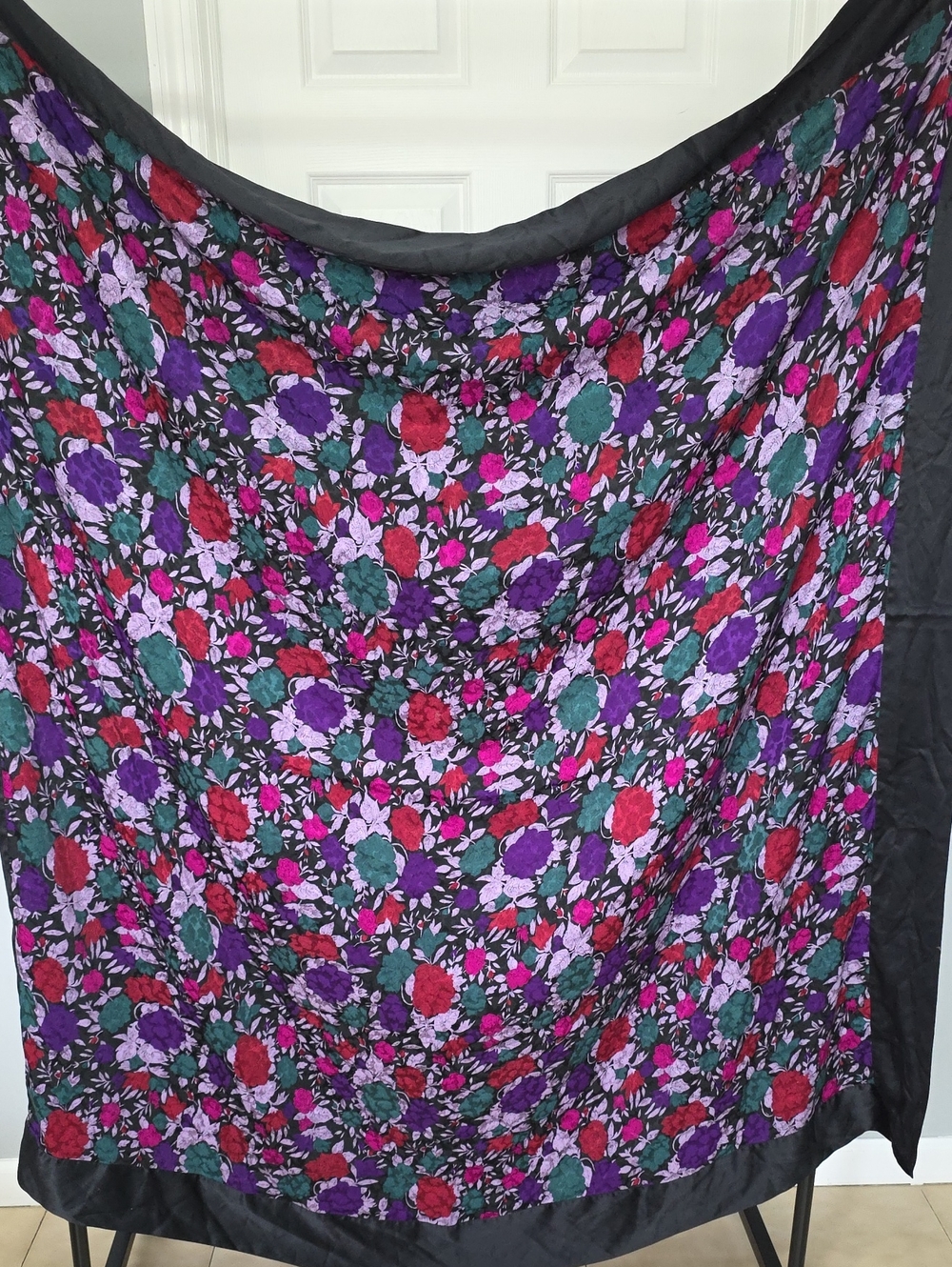 Vintage Chal Black Floral Scarf Top with Purple, Red, and Teal Blooms